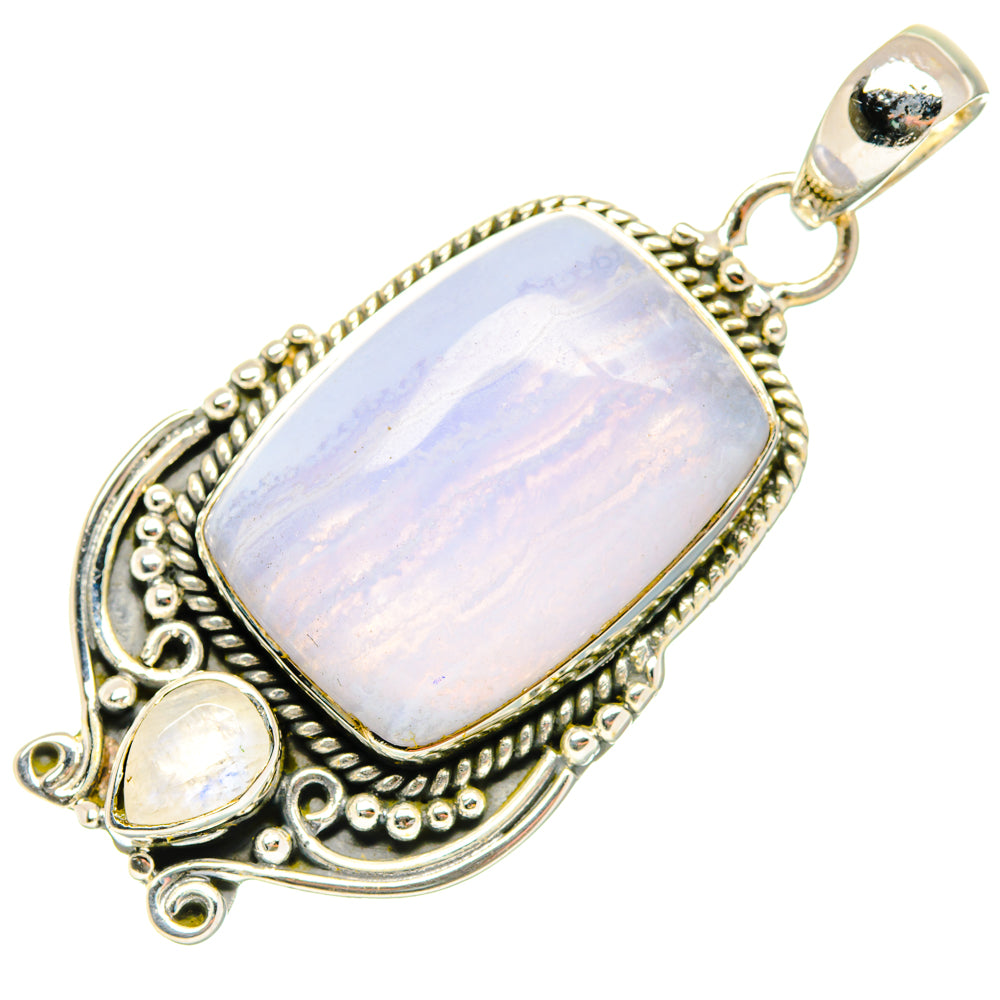 Oval blue lace agate pendant in 925 sterling silver with ornate bezel and loop bail