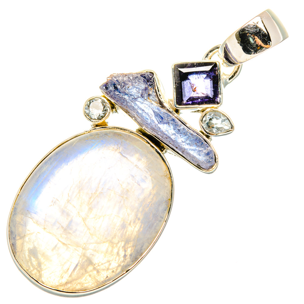 Sterling silver gemstone pendant with oval rainbow moonstone and blue-purple accented stones
