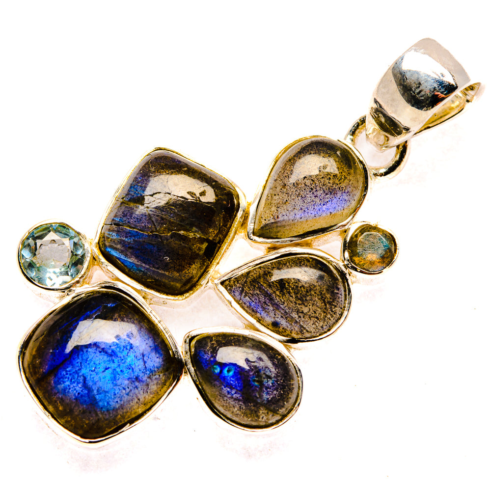 Labradorite and blue topaz pendant with golden bail, five stones and round blue accents