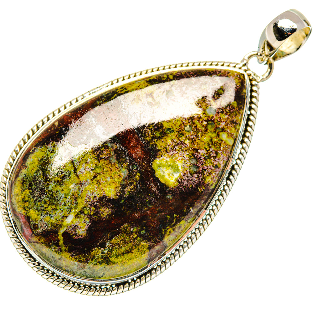 Oval 925 sterling silver pendant with marbled green, yellow, and dark stone center