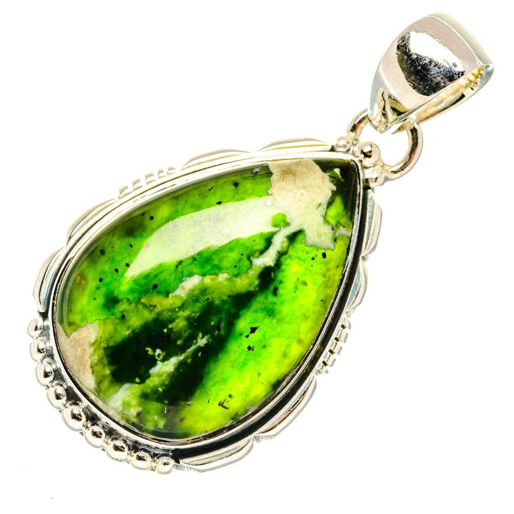 Sterling silver green opal teardrop pendant with decorative border and bail