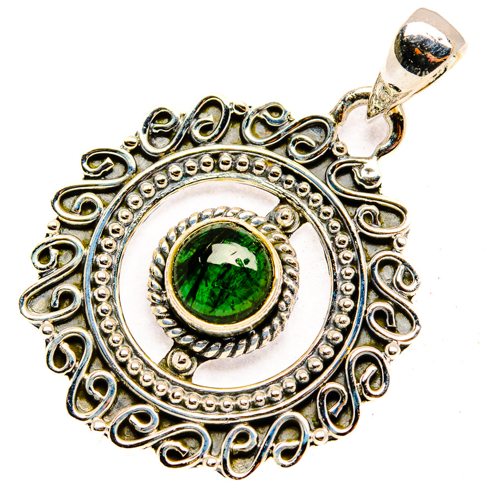 Sterling silver round pendant with green aventurine cabochon and looping edge detail