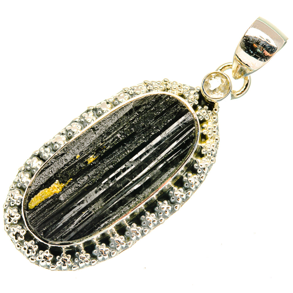 925 sterling silver tektite pendant, oval black tektite with yellow flecks, round stone halo