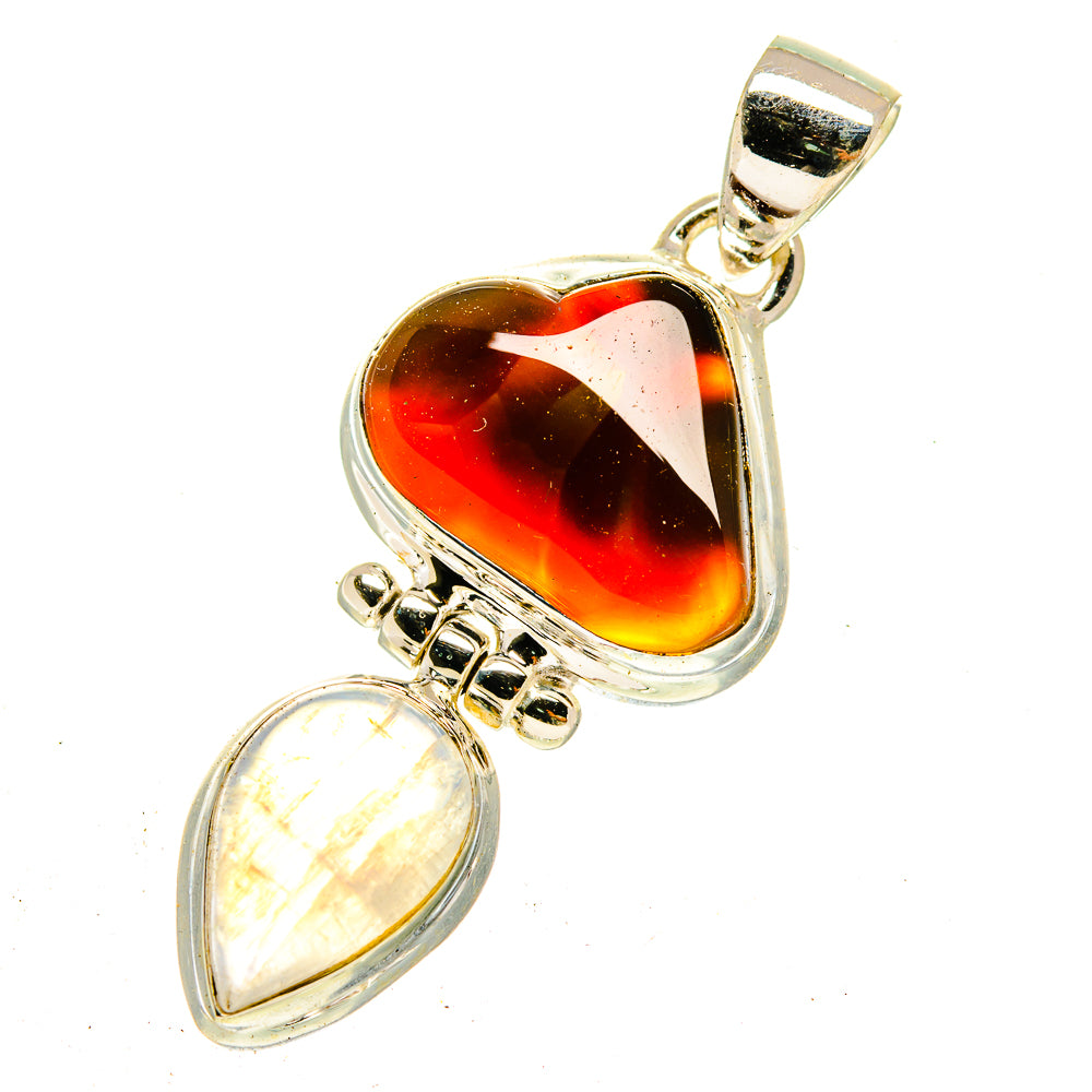 Sterling silver pendant with red-orange fire agate heart and opalescent moonstone