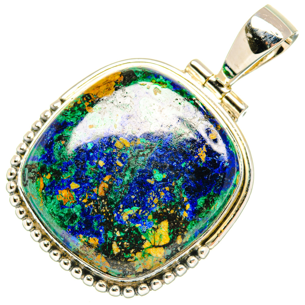 925 sterling silver oval azurite pendant with beaded bezel and colorful blue-green cabochon.