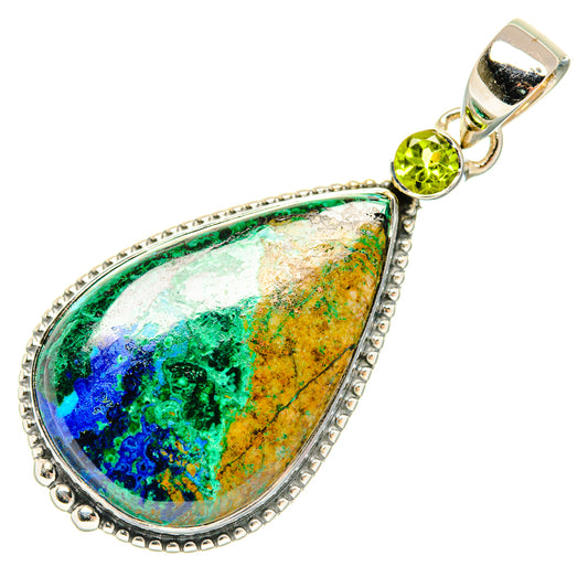 Teardrop silver pendant with green round peridot and multicolor azurite-malachite stone
