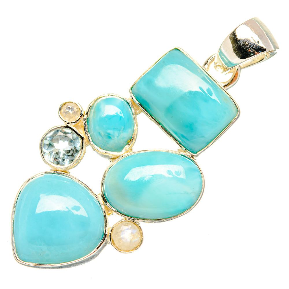 Light blue oval gemstone pendant with silver bail and small round clear stone, front view