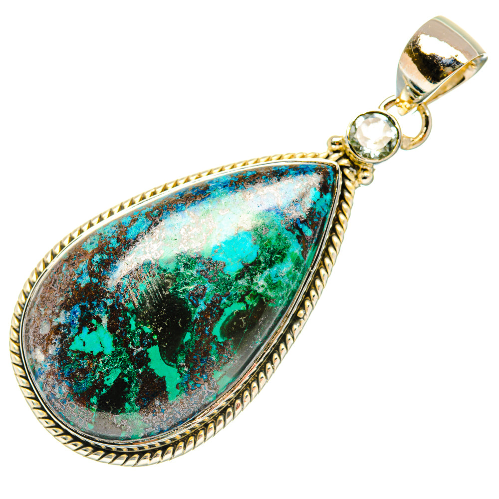 Teardrop gemstone pendant with silver frame and blue-green stone, round bail accents