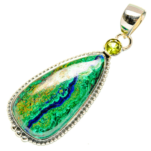 Sterling silver teardrop pendant with blue-green marbled stone, round peridot near bail
