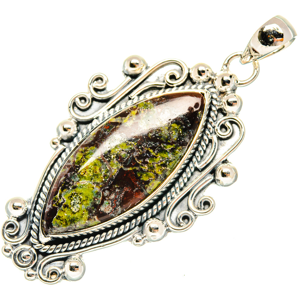 925 sterling silver oval stone pendant, dark green and yellow marbled cabochon