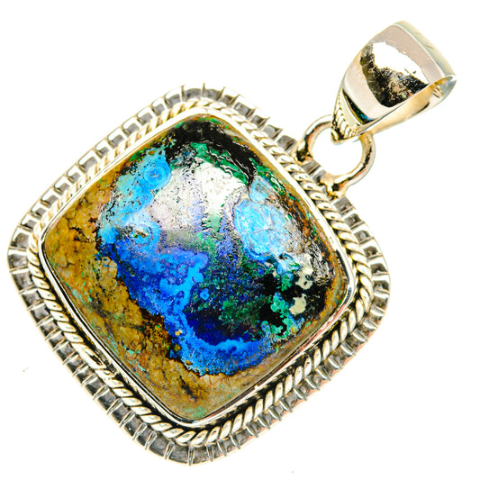Sterling silver pendant with oval azurite-in-malachite stone, rope frame