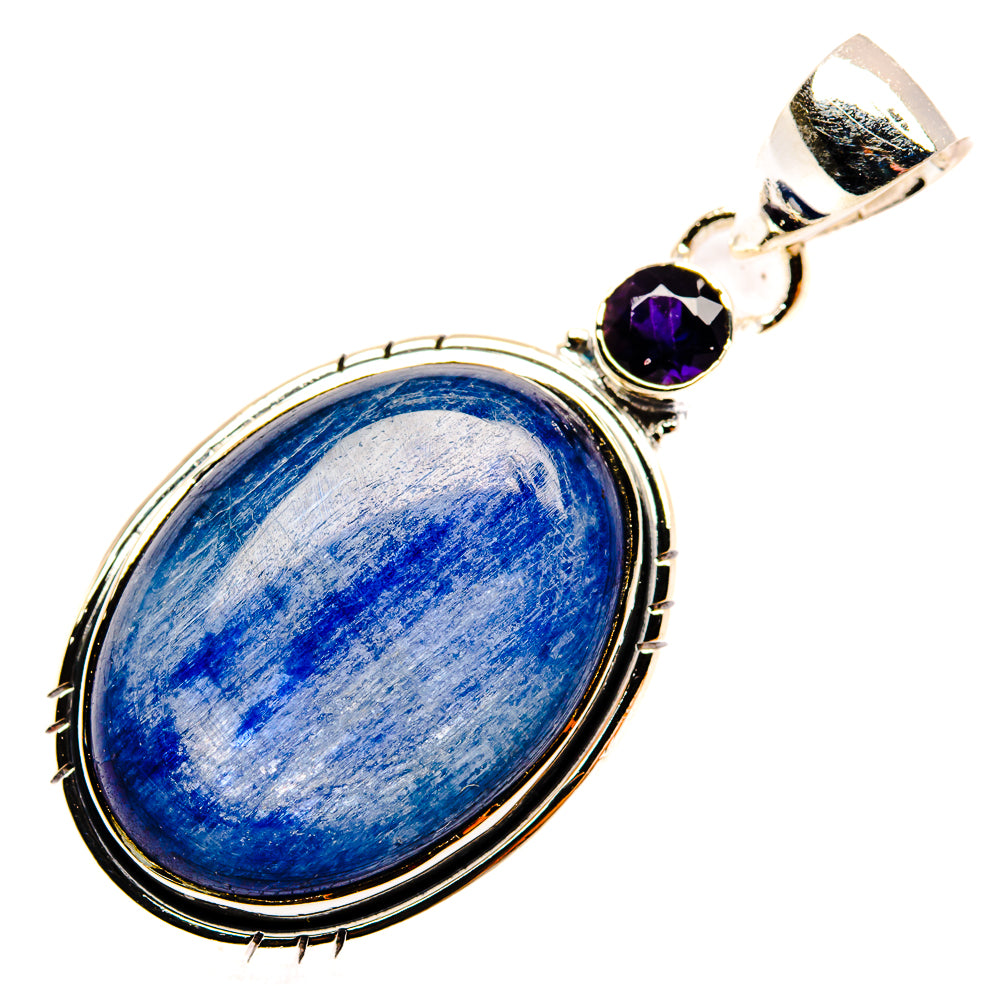 Sterling silver oval blue gemstone pendant with round dark purple stones on bail