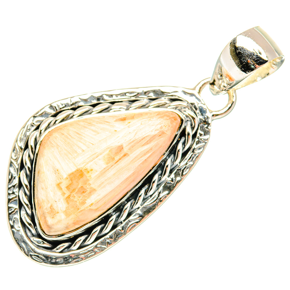 Sterling silver scolecite pendant, teardrop peach gemstone in ornate braided bezel, bail