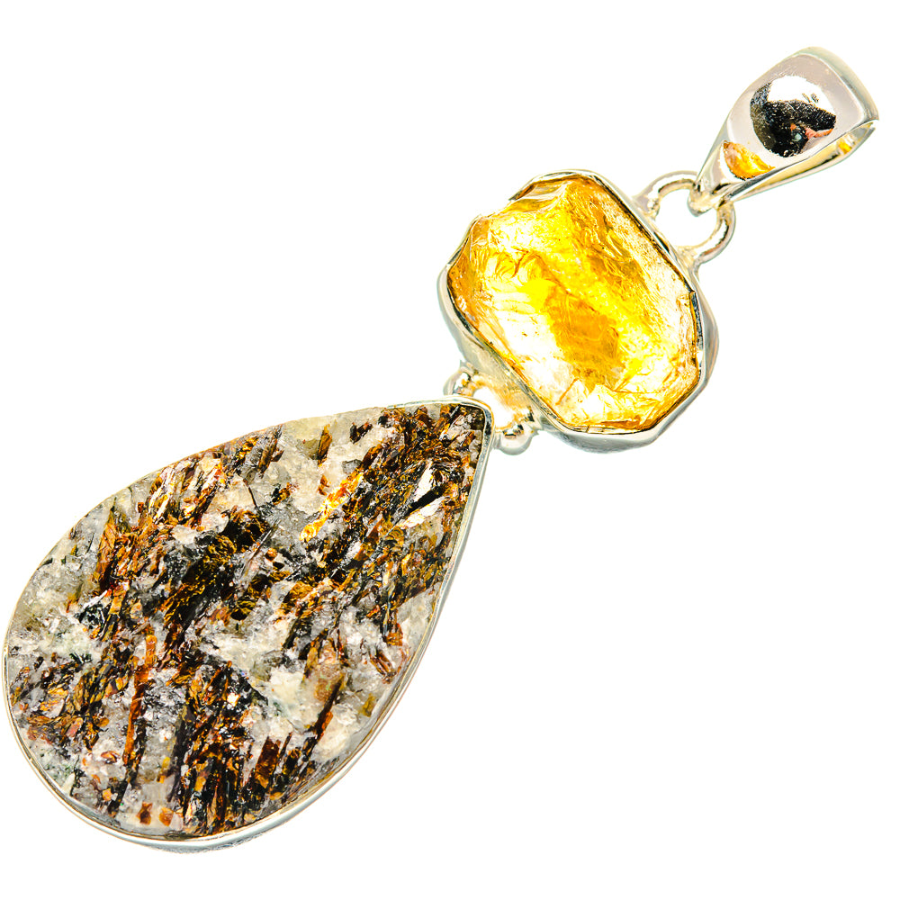 Sterling silver pendant with yellow citrine top stone and rough grey astrophyllite bottom teardrop