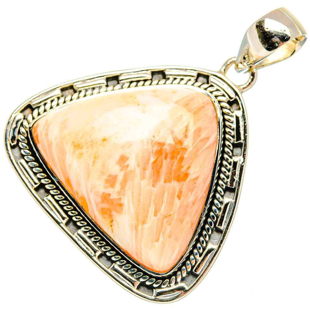Triangular sterling silver scolecite pendant with peach cabochon and detailed border setting