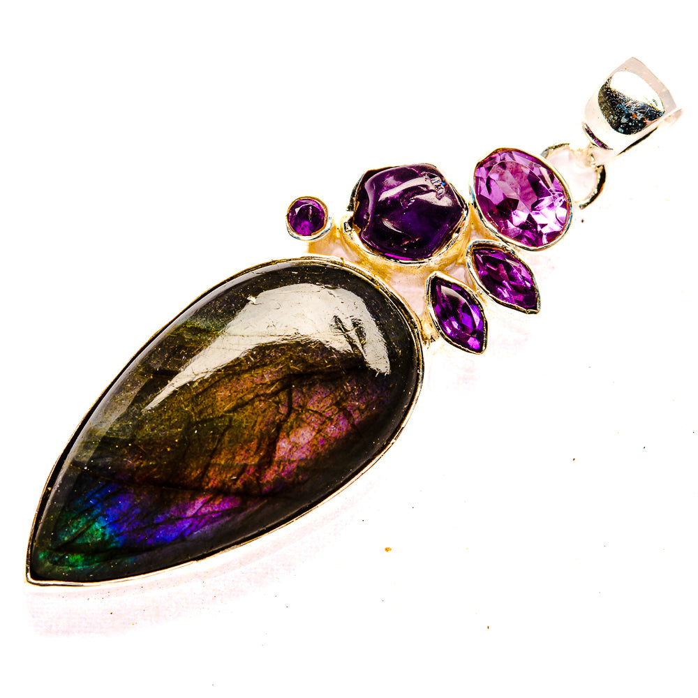 Labradorite teardrop pendant with five amethyst stones and silver bail, 925