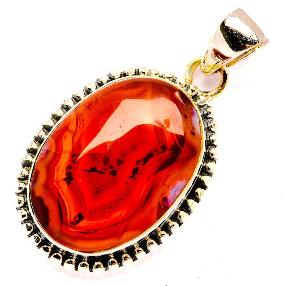 Red agate oval pendant in polished 925 sterling silver bezel with bead border
