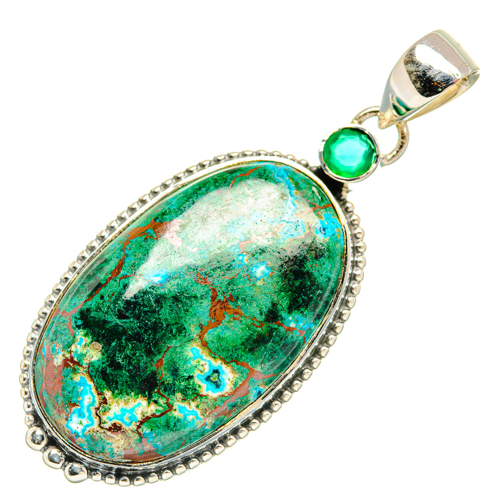 Oval green stone pendant with green bead and silver bail