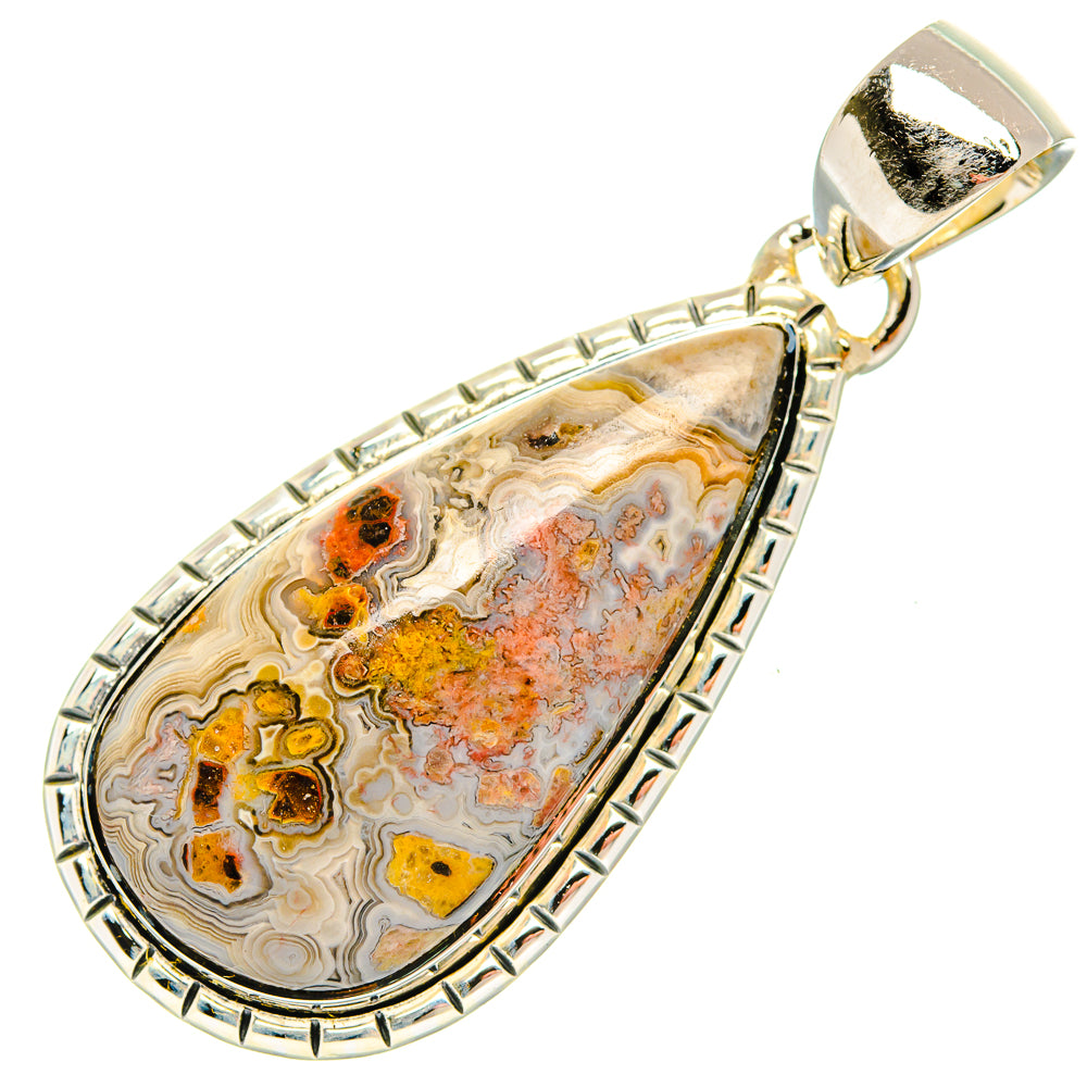 Sterling silver lace agate teardrop pendant, ornate edge frame with tan and orange stone