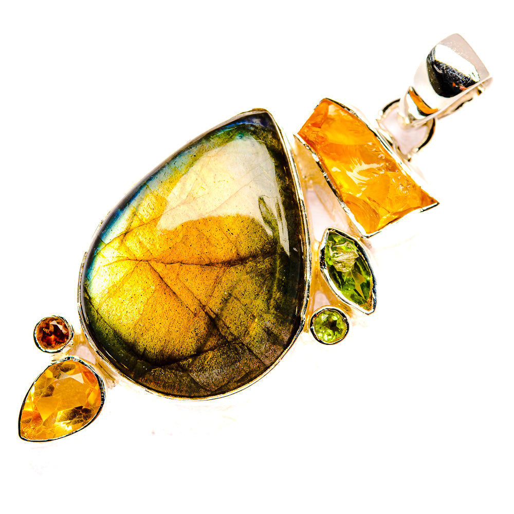Sterling silver gemstone pendant, teardrop labradorite with citrine and peridot stones