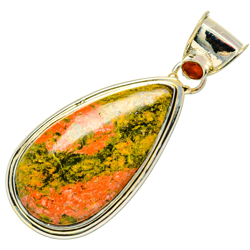 Teardrop unakite stone pendant with 925 sterling silver bezel and top bail