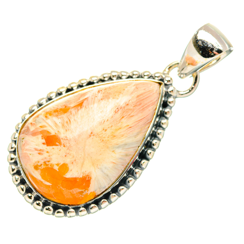 Sterling silver teardrop scolecite pendant with orange stone, bail loop, and beaded rim