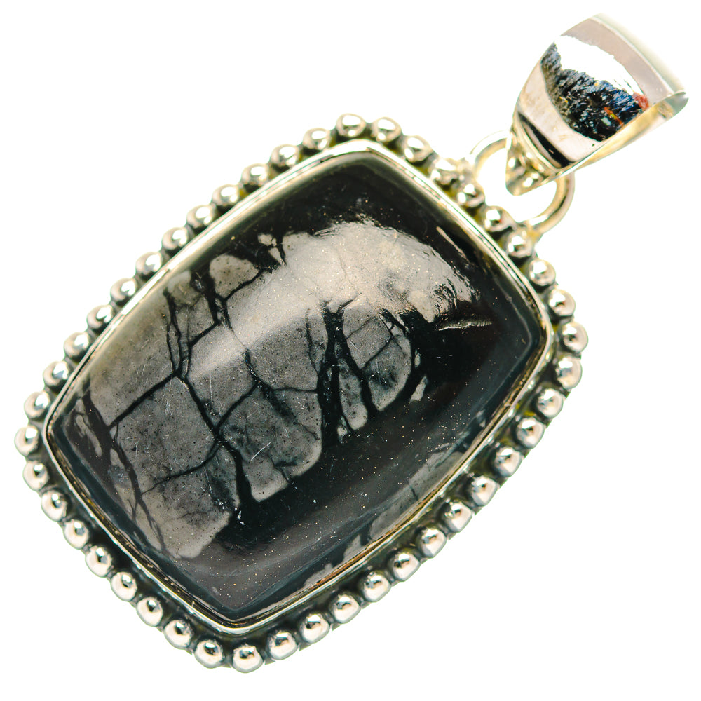 Sterling silver jasper pendant with oval black-and-gray crackled stone and beaded edge