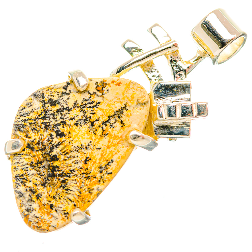 Heart-shaped dendrite pendant with yellow stone and 925 silver bail and prongs