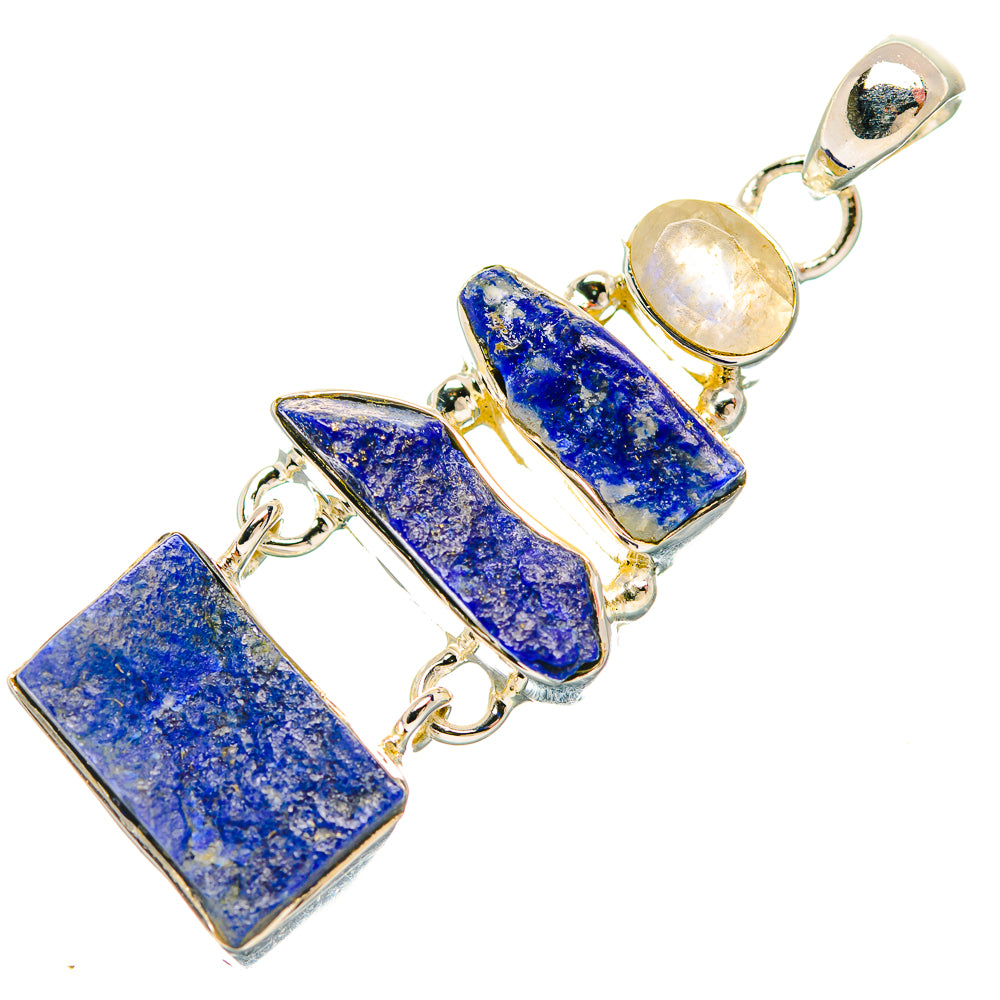 Rough lapis lazuli and rainbow moonstone pendant in 925 sterling silver, blue rectangle stones