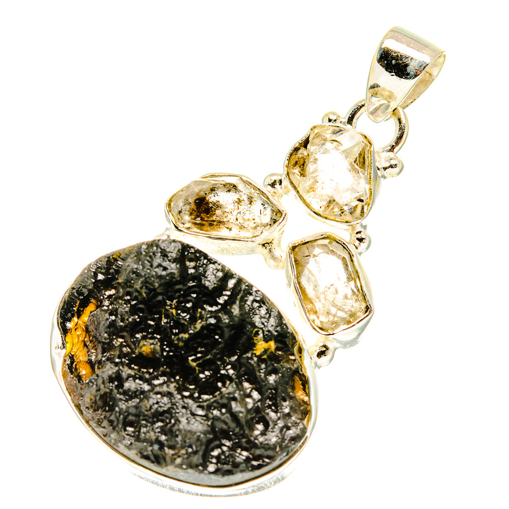 Tektite stone pendant in sterling silver with teardrop crystal accents and oval main stone