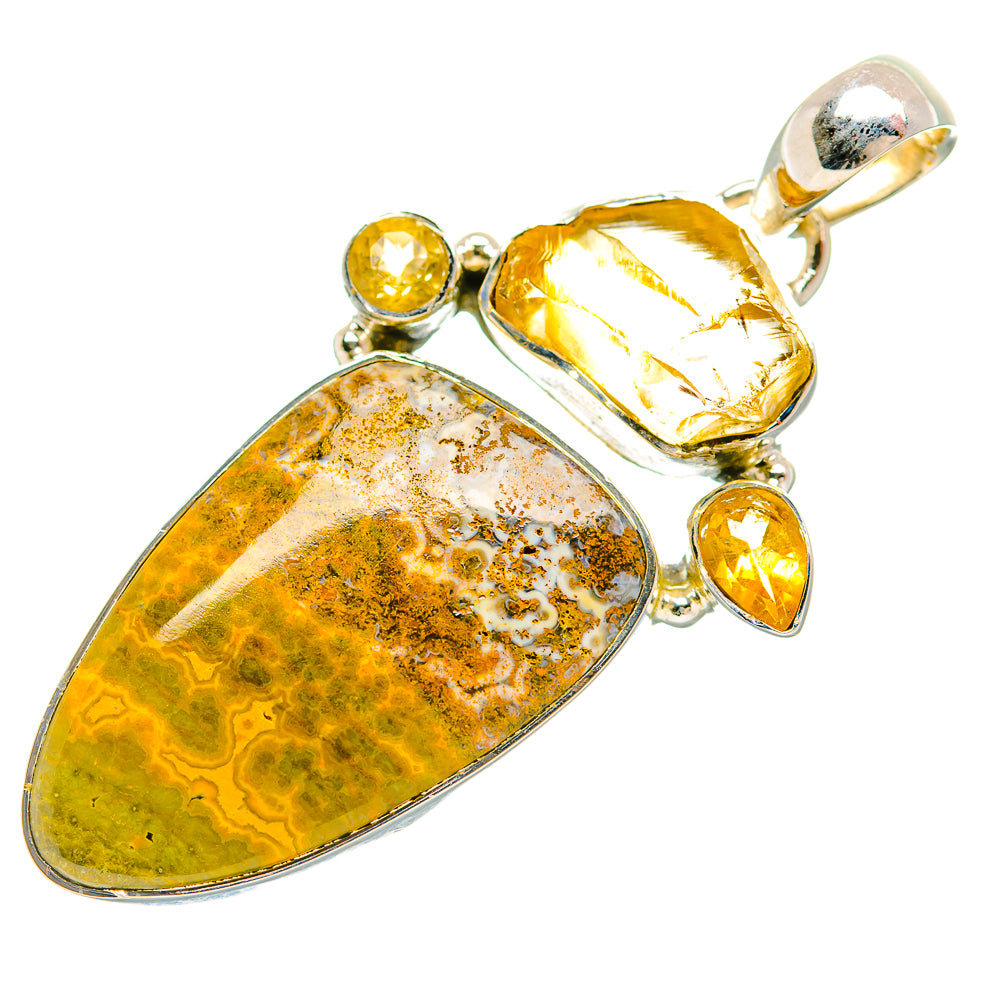 Jasper and citrine pendant with teardrop cabochon, two round yellow citrines, silver setting