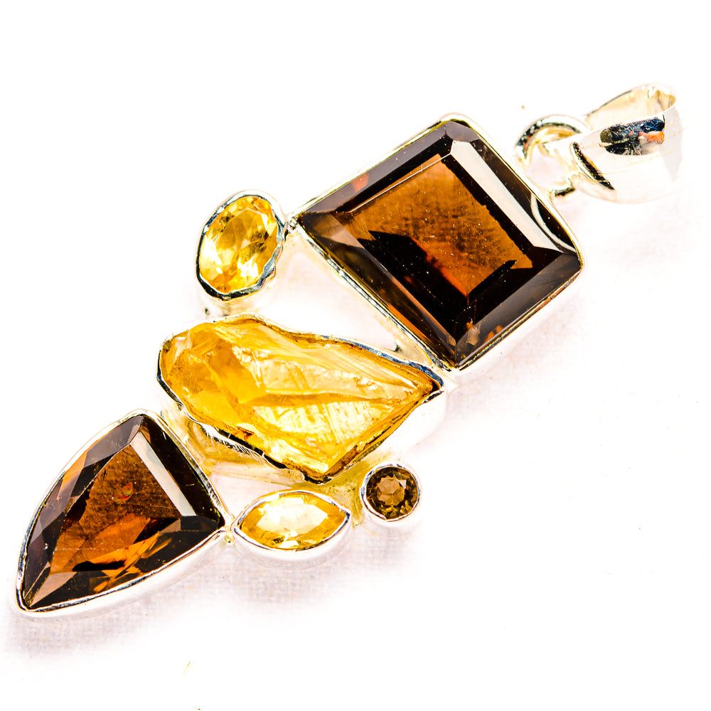 Sterling silver gemstone pendant with smoky quartz rectangle and citrine teardrop stones