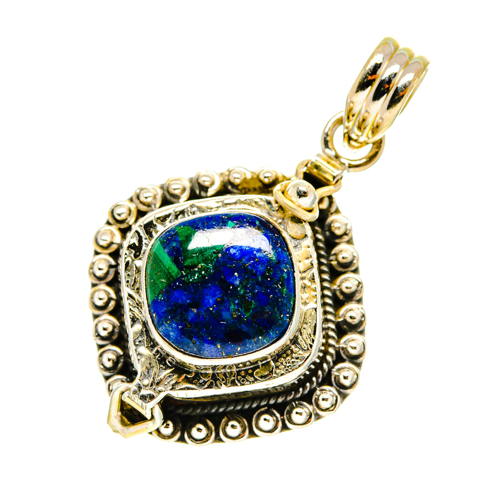 925 sterling silver azurite pendant with blue oval stone, beaded frame, gold bail