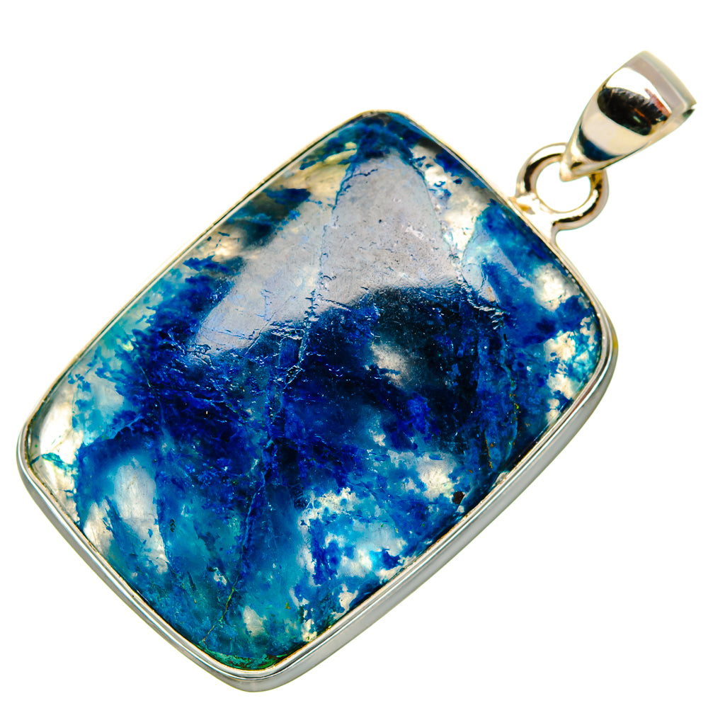 Apatite gemstone pendant with silver bezel and bail, rectangular blue apatite stone