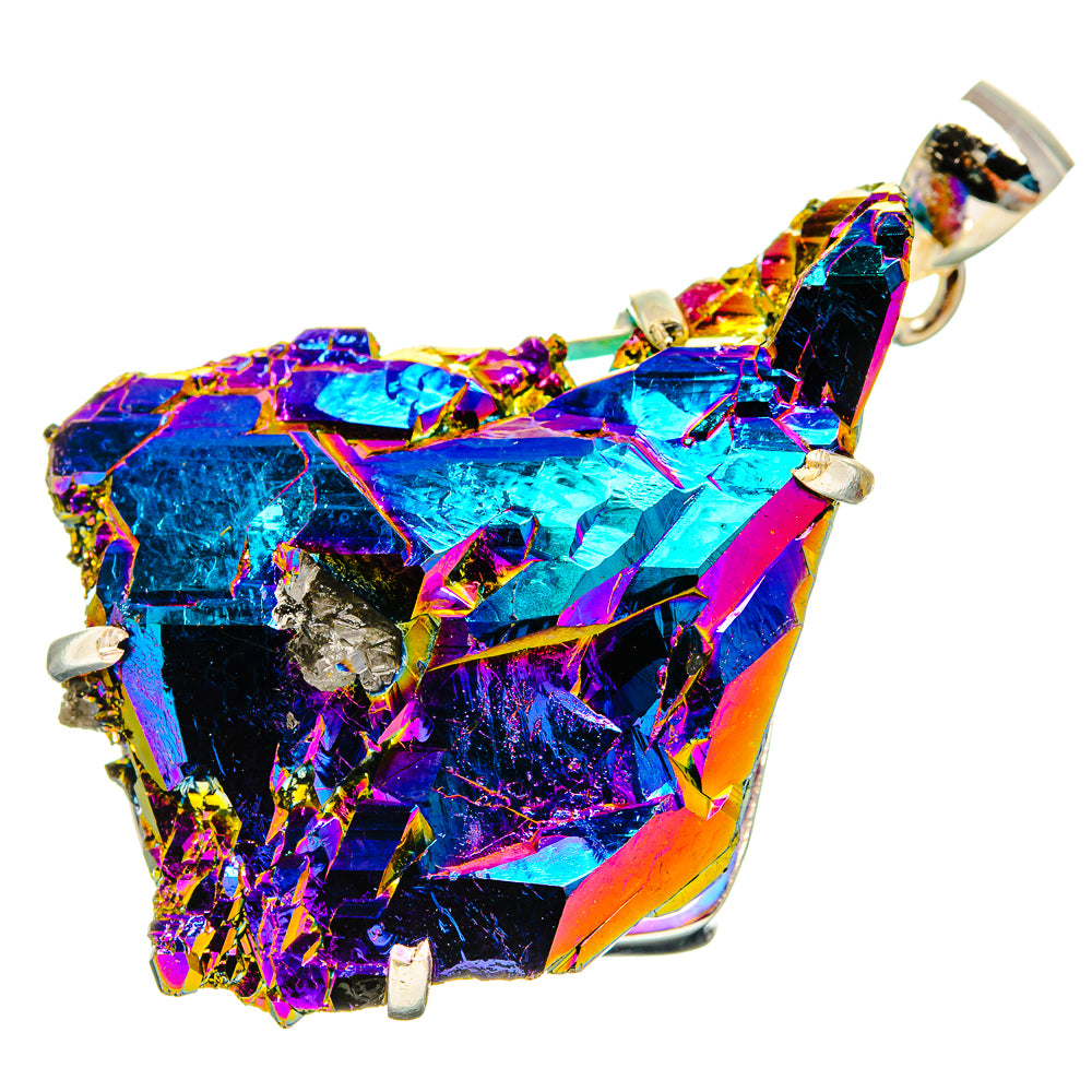 Iridescent blue-purple drusy pendant with silver prong setting and bail