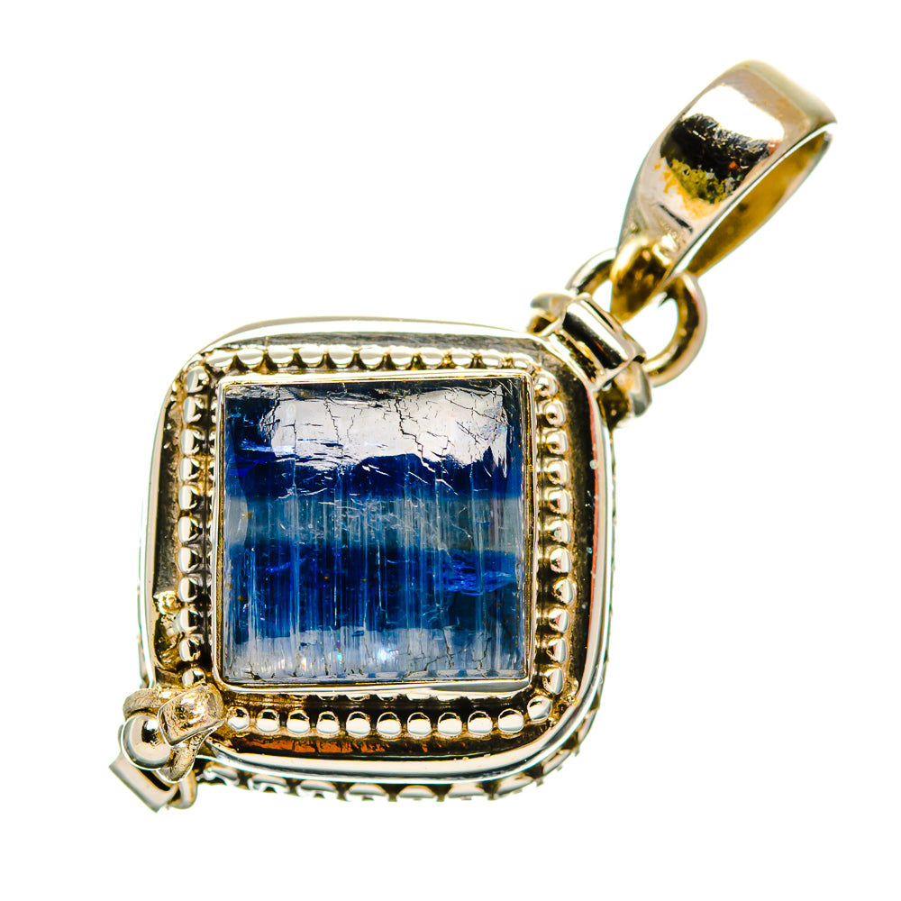 Sterling silver kyanite pendant with blue rectangular gemstone and ornate bezel