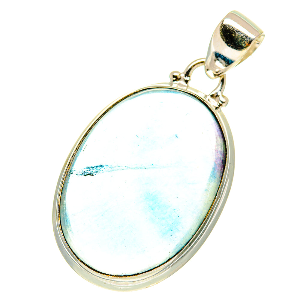 Oval fluorite pendant in 925 sterling silver, iridescent light blue stone