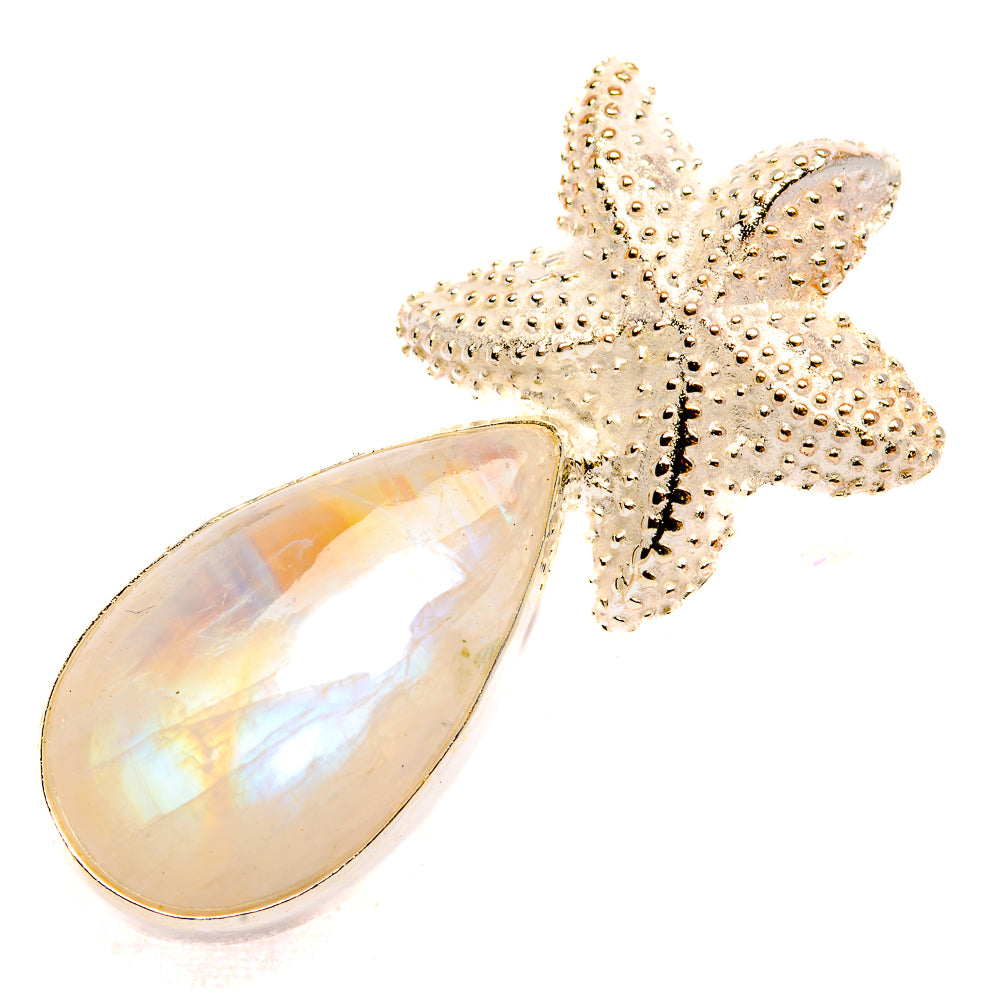 Opalescent moonstone teardrop starfish pendant in 925 sterling silver, textured star detail