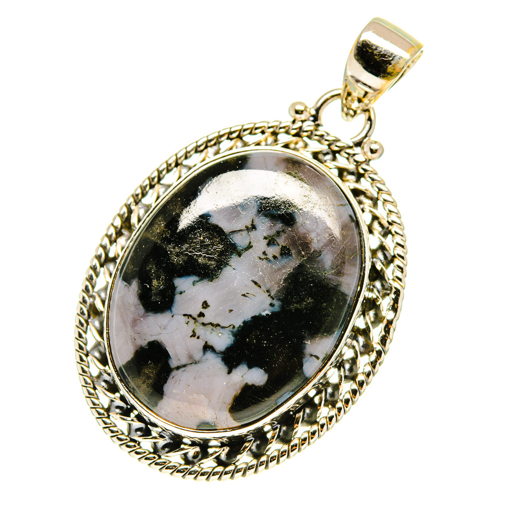 925 sterling silver oval pendant with black-and-white gabbro cabochon in ornate frame