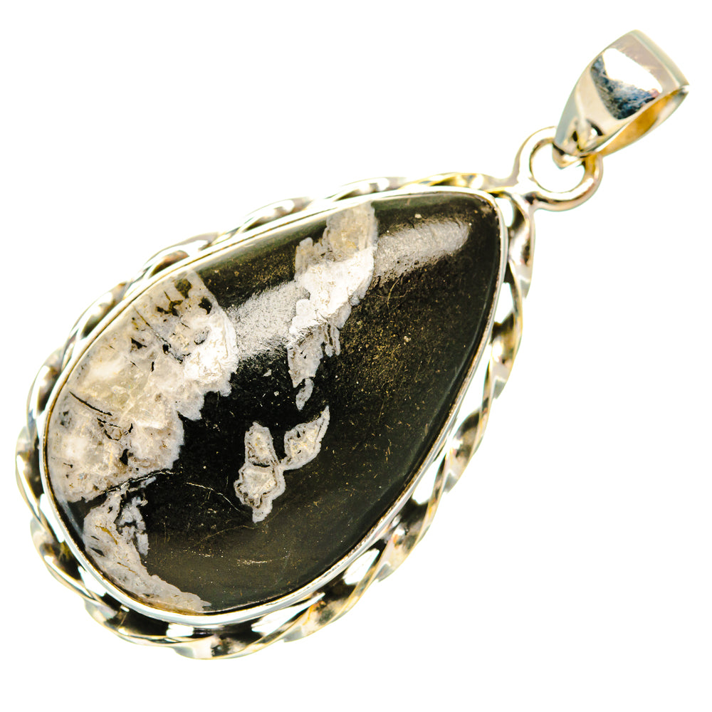 Sterling silver pendant with teardrop chrysanthemum stone, dark base and white inclusions