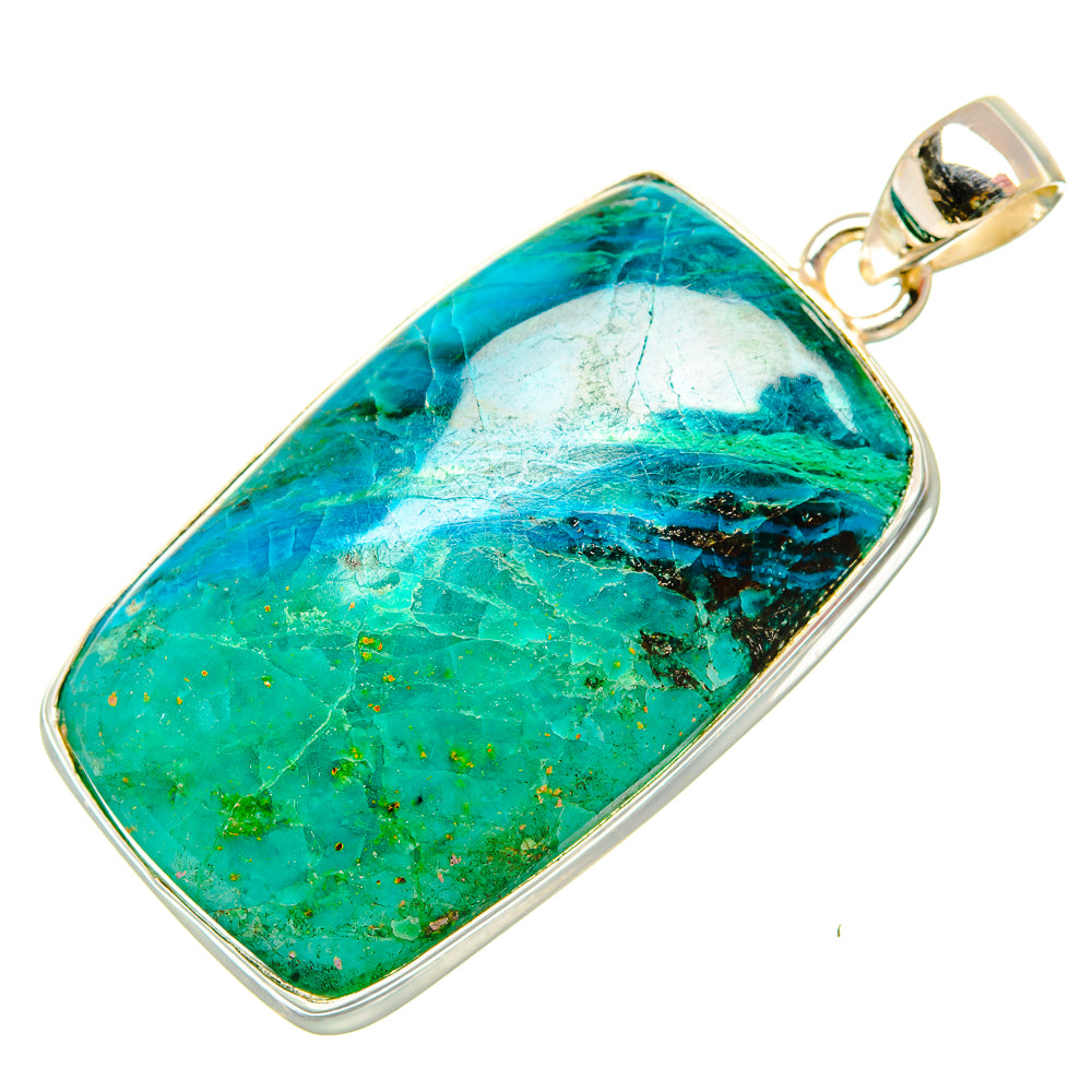Sterling silver chrysocolla pendant with green-blue rounded teardrop cabochon and bail