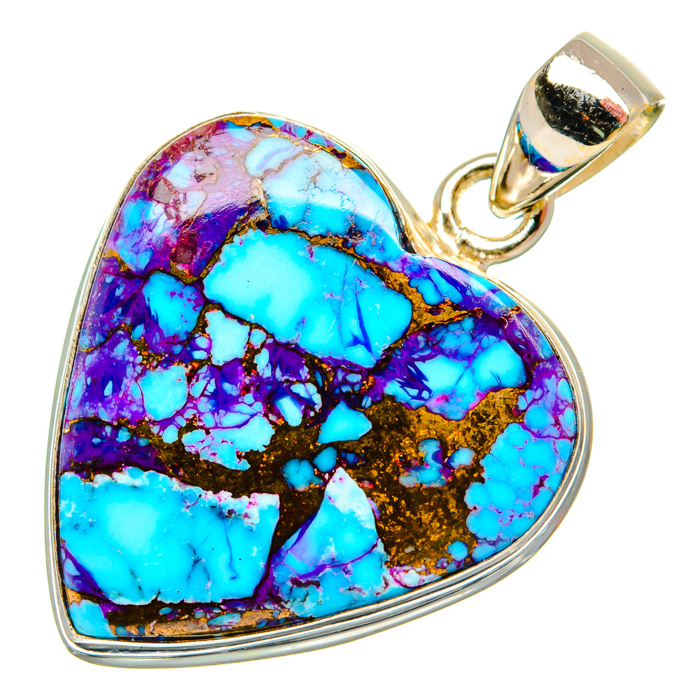 Heart-shaped turquoise pendant in purple, blue, and gold tones, 925 sterling silver frame