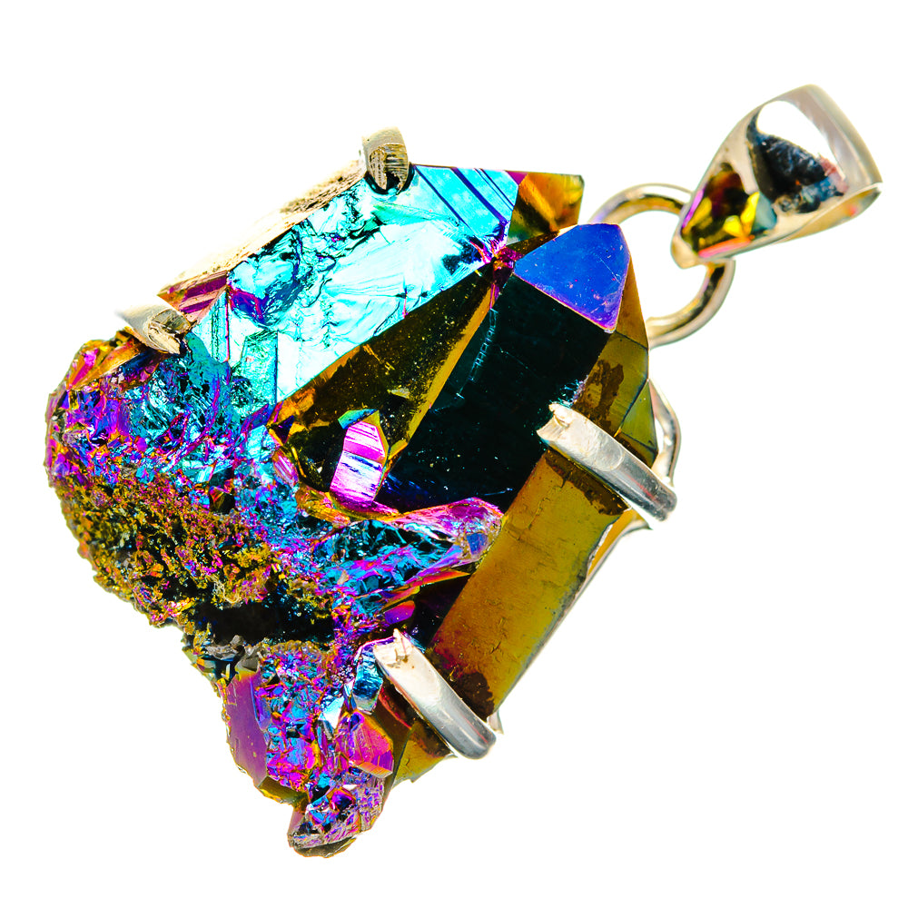 Iridescent druzy crystal pendant with silver prongs and bail, multicolor spectrum