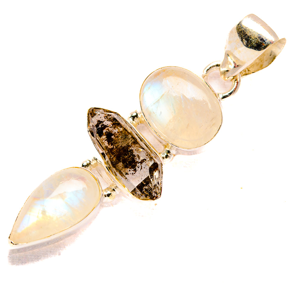 Sterling silver pendant with round opal moonstone, marquise dark stone, and open top bail.