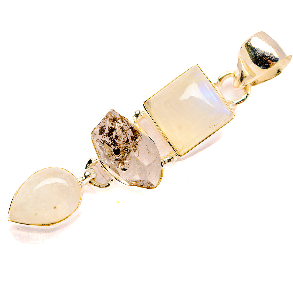 Opal-like rainbow moonstone pendant with square center, oval and round stones, 925 silver