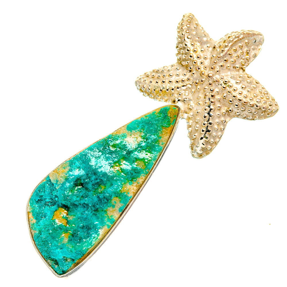 Gold-tone starfish druzy quartz pendant with teal-green teardrop stone