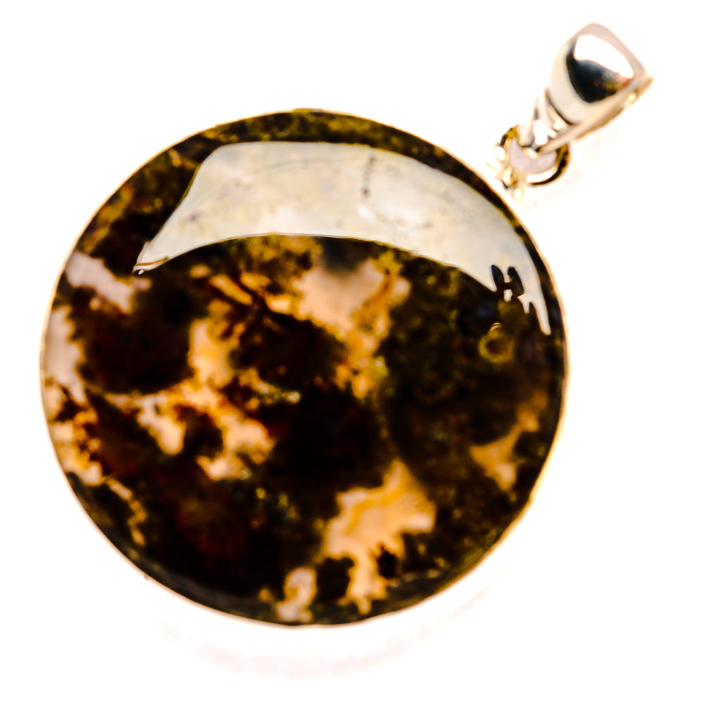 Round plume agate pendant with sterling silver bail, marbled golden and dark green pattern
