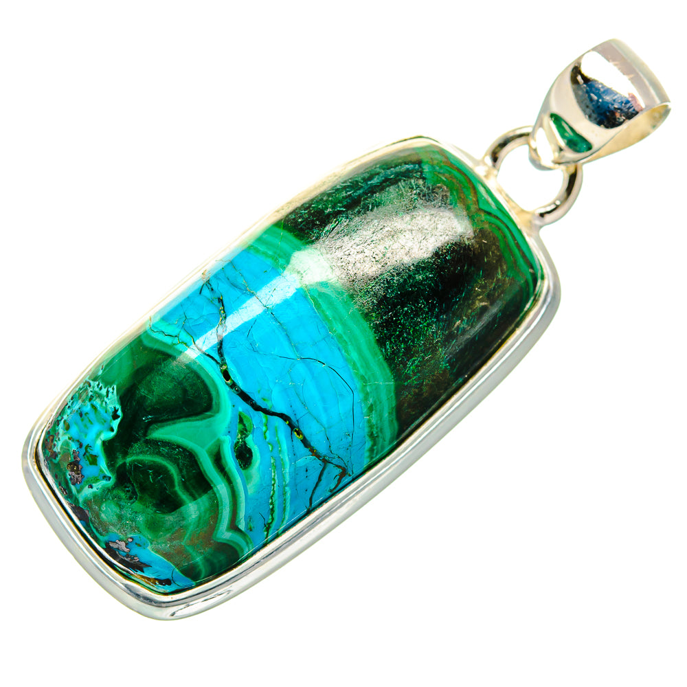 Rectangular green-blue malachite chrysocolla pendant with polished silver bail and frame