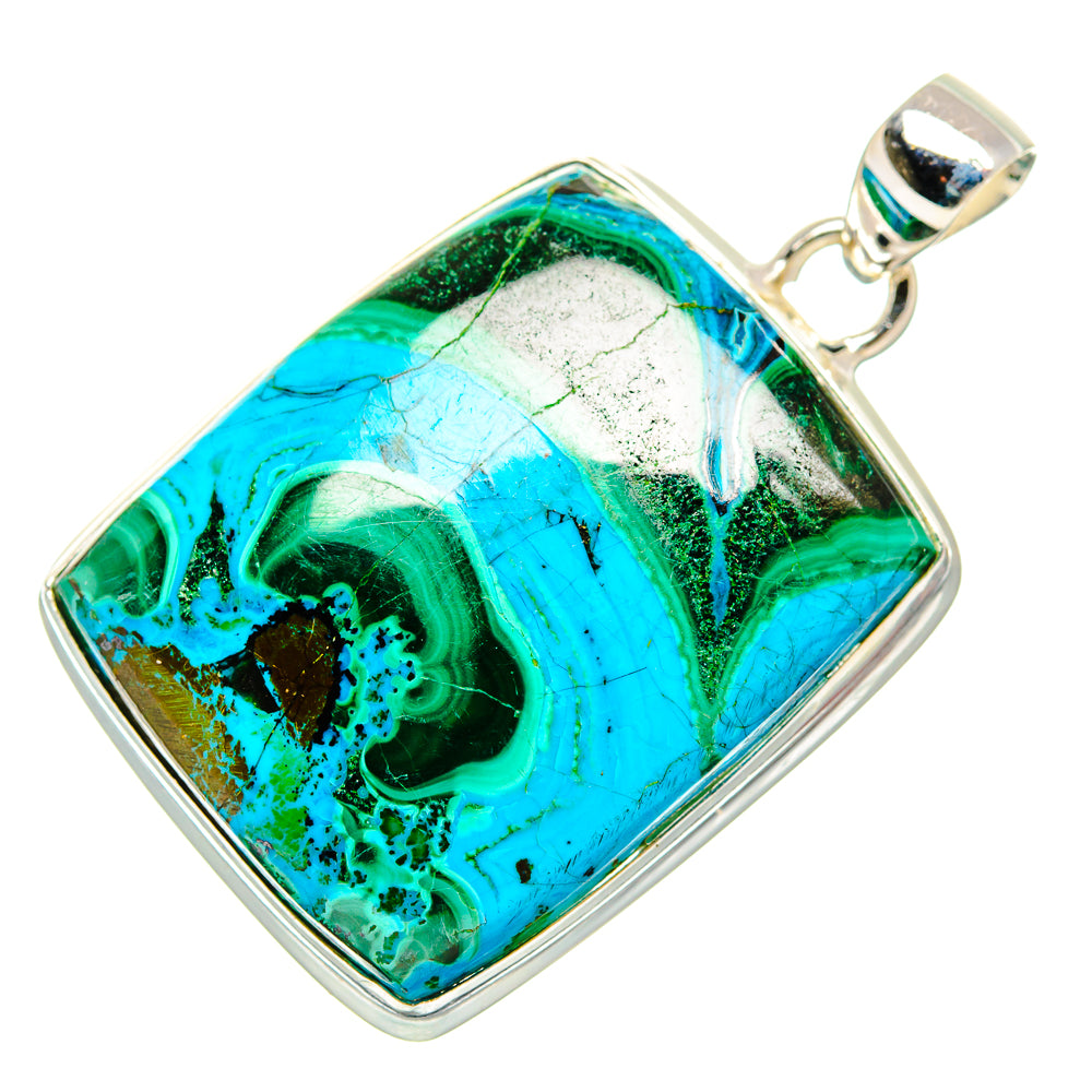 Square sterling silver pendant with teal, blue, and green chrysocolla malachite stone