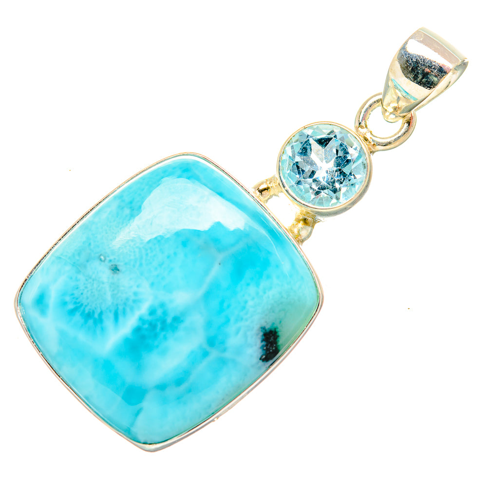 Sterling silver pendant with oval larimar stone, blue topaz bezel, and loop bail